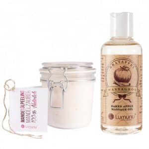 Deluxe Massageöl mit Bratapfel Duft (100 ml) & Mandelölpeeling "Mandelzauber" (500g)