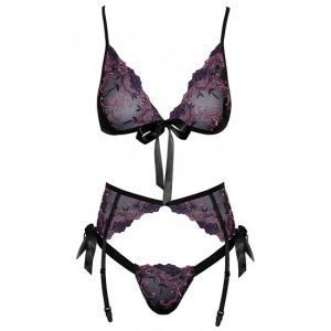 Dessous-Set mit Floralrstrick Lila